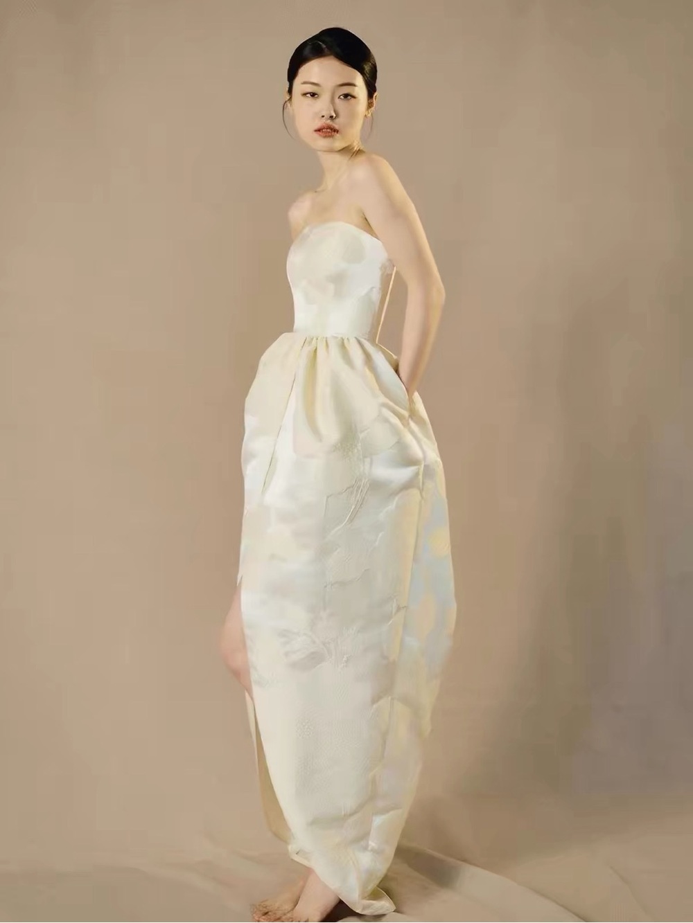 Strapless Floral Jacquard Midi Dress in Ivory - Picture 2 of 9
